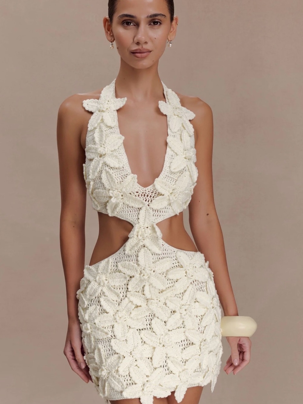 Meshki Cream Crochet Halter Cutout Mini Dress